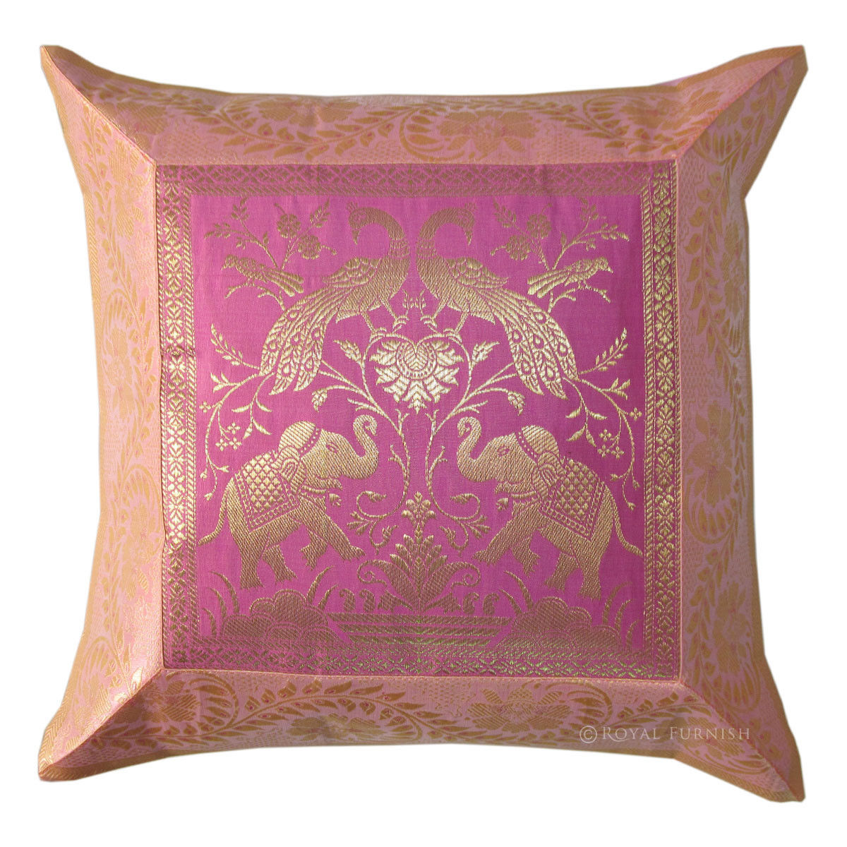 Pink White Indian Elephant Silk Brocade Decorative Accent Toss Pillow Cover - RoyalFurnish.com