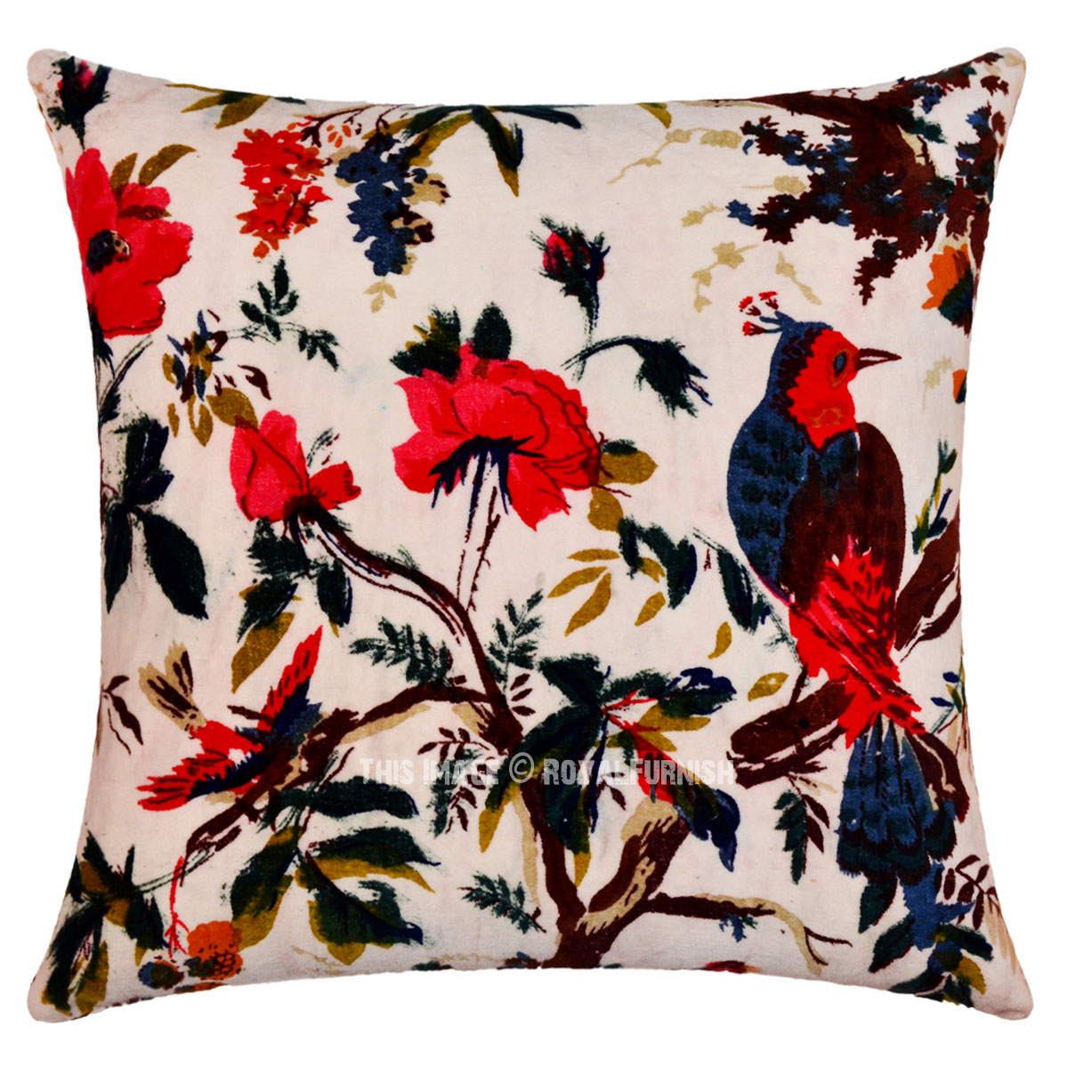 16"x16" White Birds Print Velvet Decorative Throw Floral Pillow Case