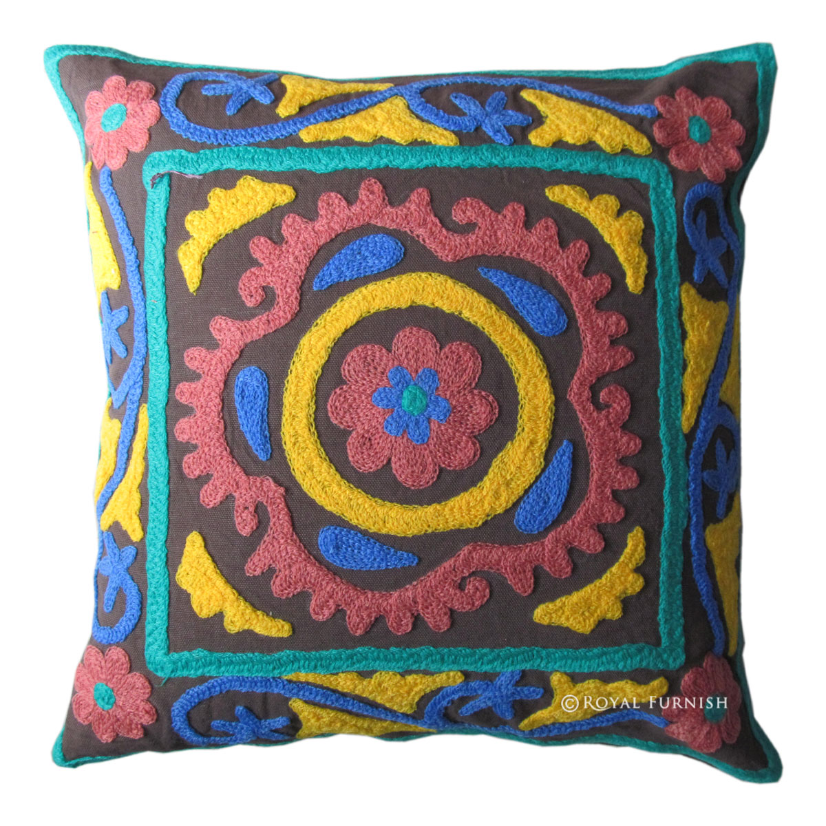 16x16 Decorative Suzani Embroidered Throw Accent Floral Pillow Cover - RoyalFurnish.com