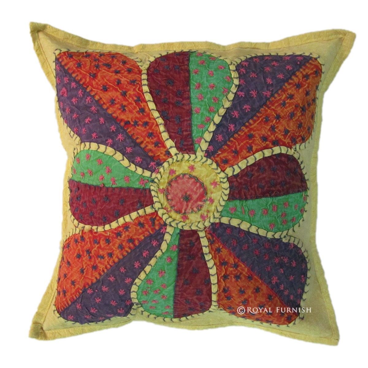 Indian Handmade Decorative Appliqued Accent Multi Patchwork Pillow - RoyalFurnish.com