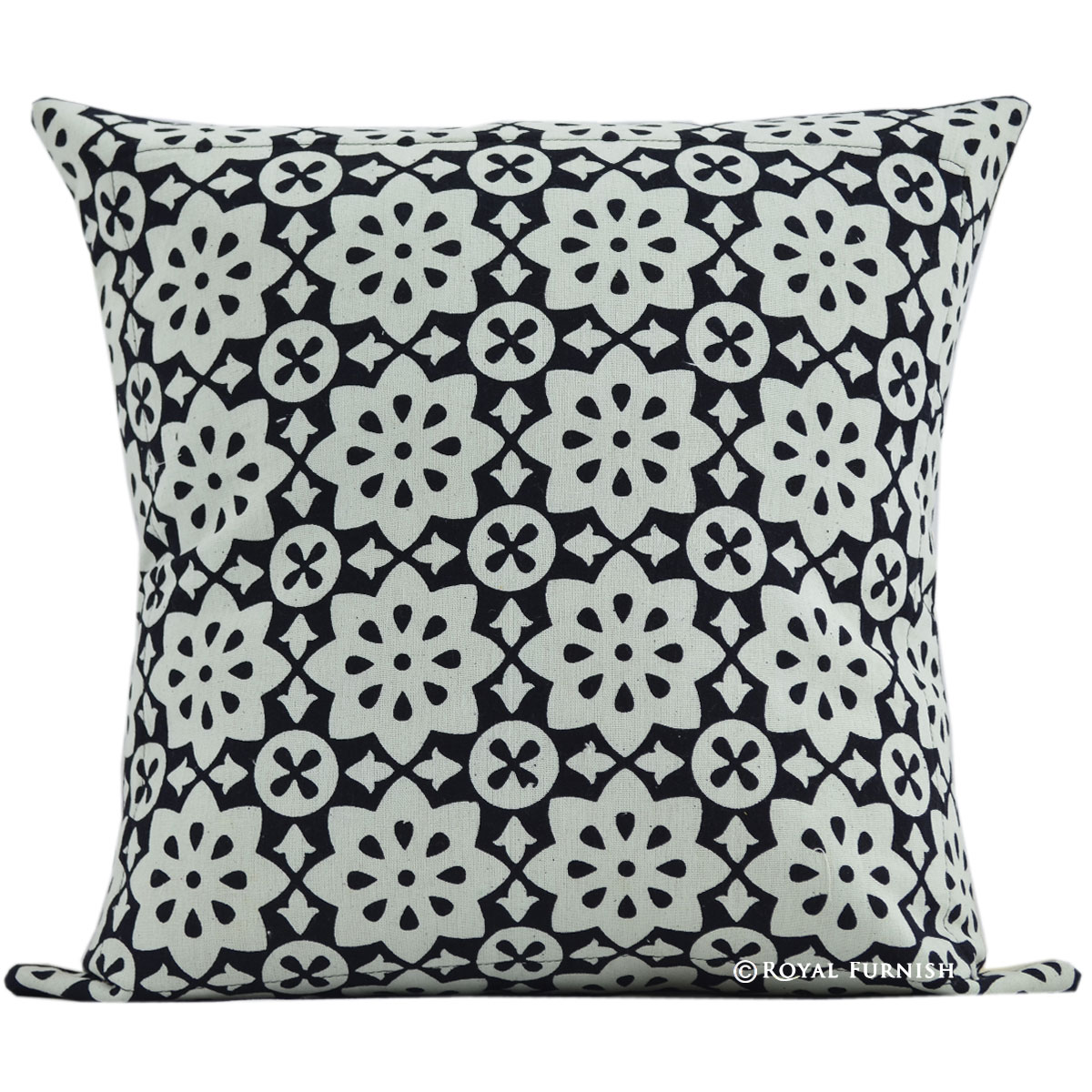 16" Black Floral Hand Block Print Cotton Throw Pillow Cover