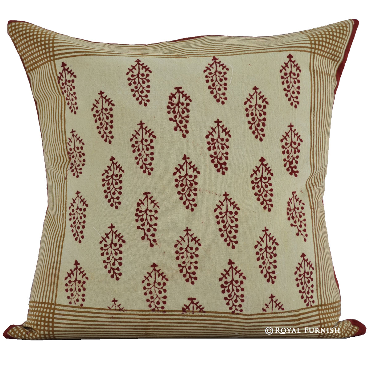 16" Beige Floral Leaves Print Indian Hand Block Throw Pillow Cover