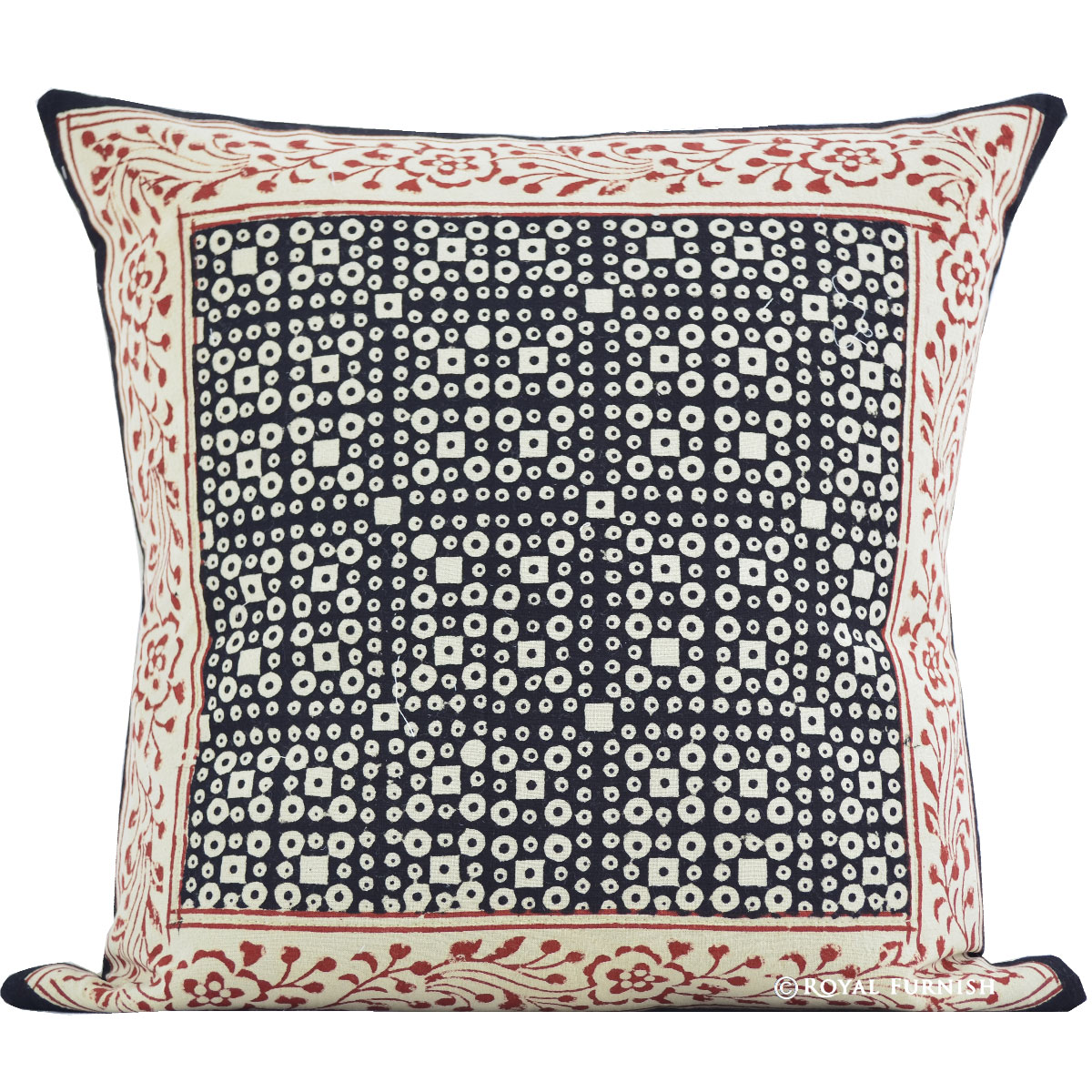 16" Black Indian Hand Block Print Throw Pillow Case