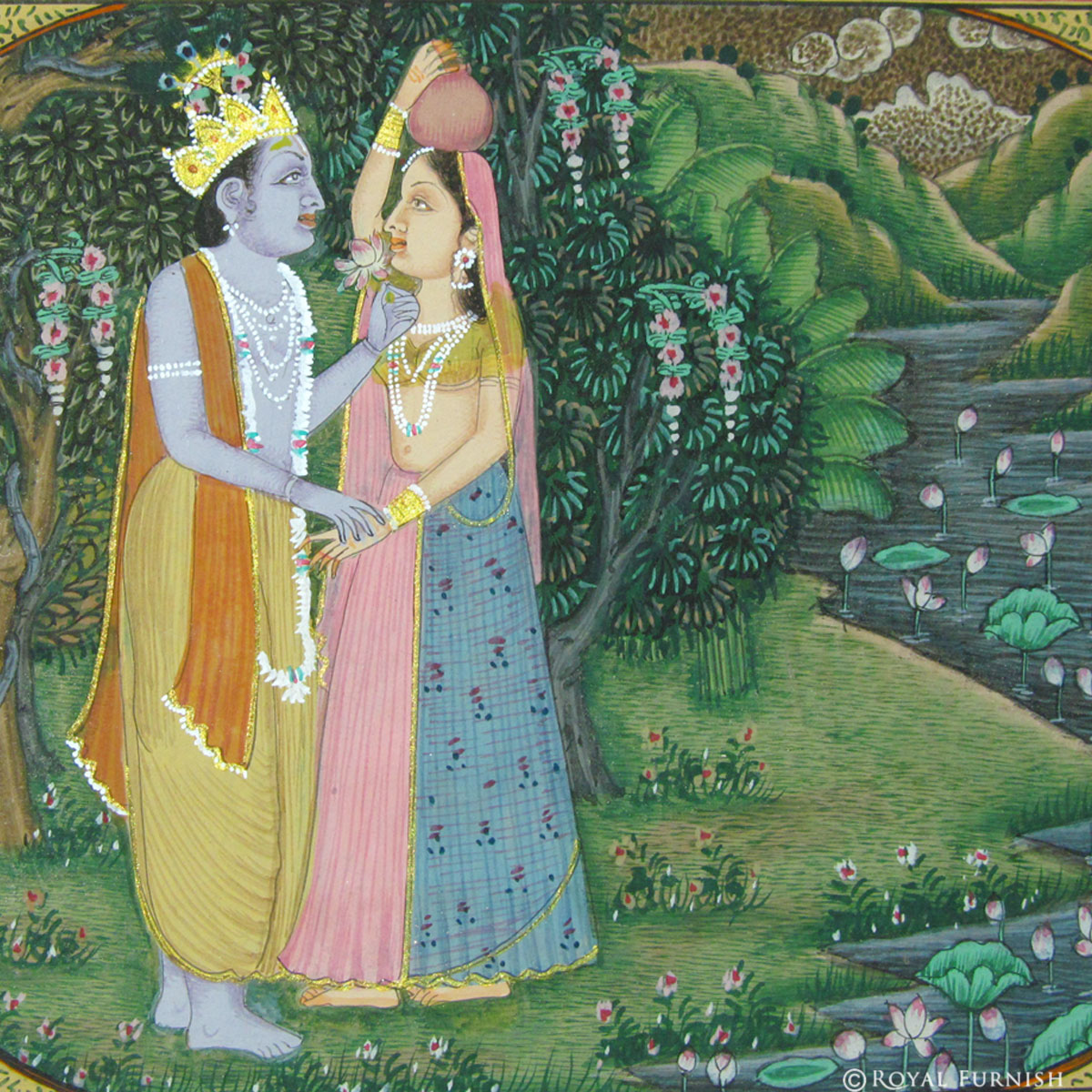Radha Krishna in Garden Rajasthani Miniature Wall Art Painting