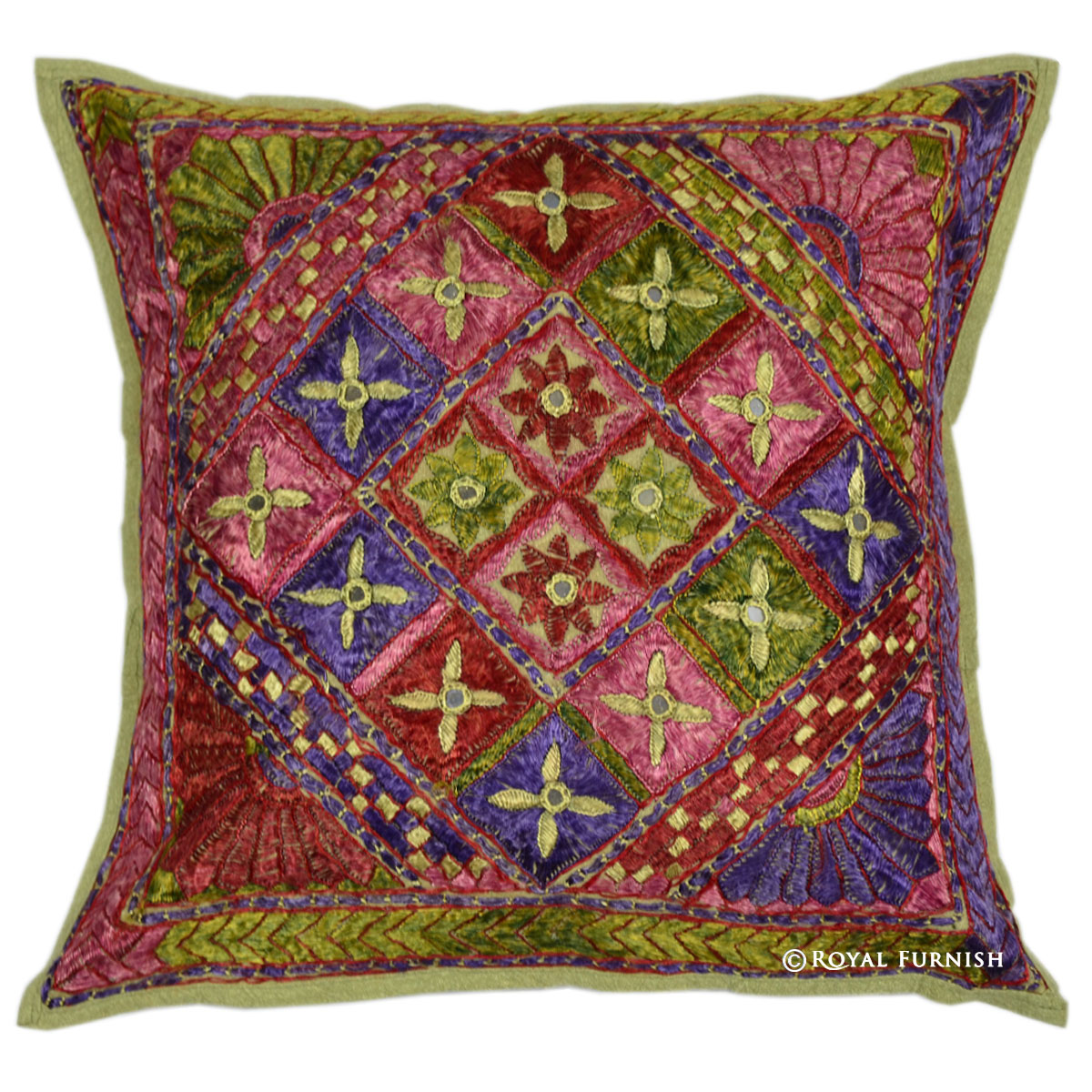 16" Multicolor Vintage Mirror Embroidered Throw Pillow Case Sham
