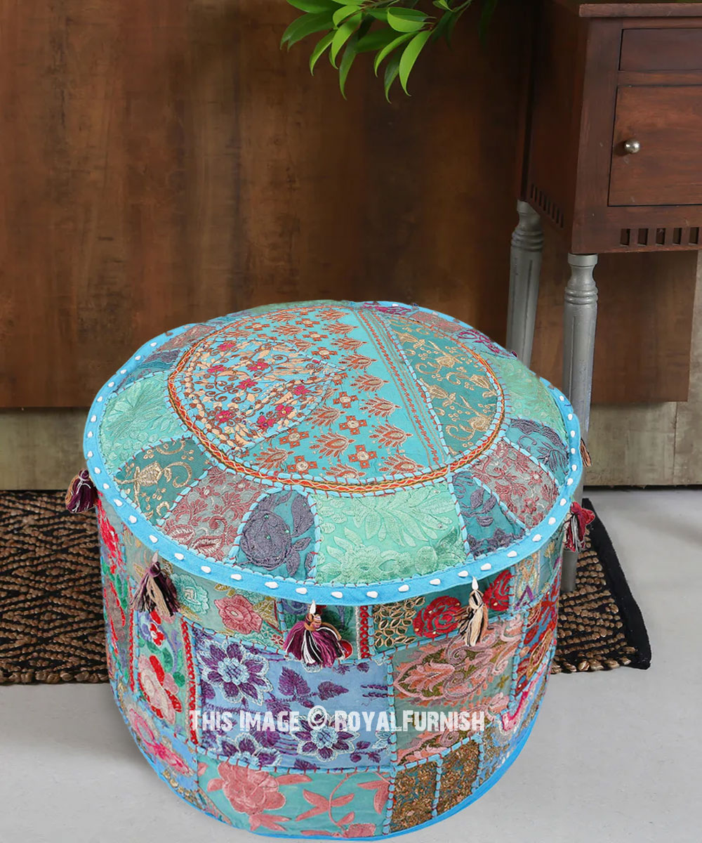 Indian Ottomans Pouf Cover Embroidery Round Ottoman Cover Patchwork Home Decor 