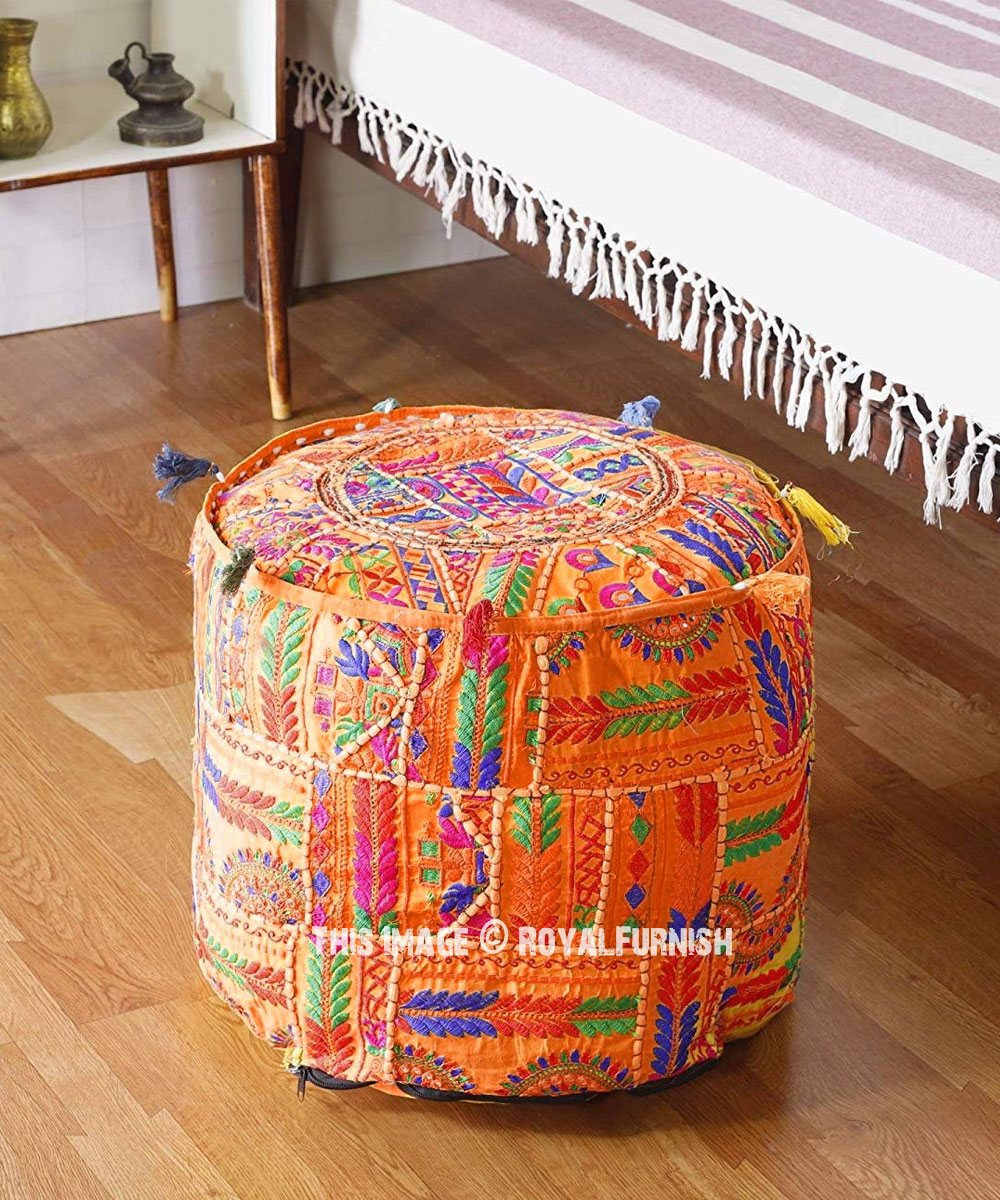 Vintage Patchwork Indian Handmade Footstool Round Pouffe Home Decor Ottoman Boho 