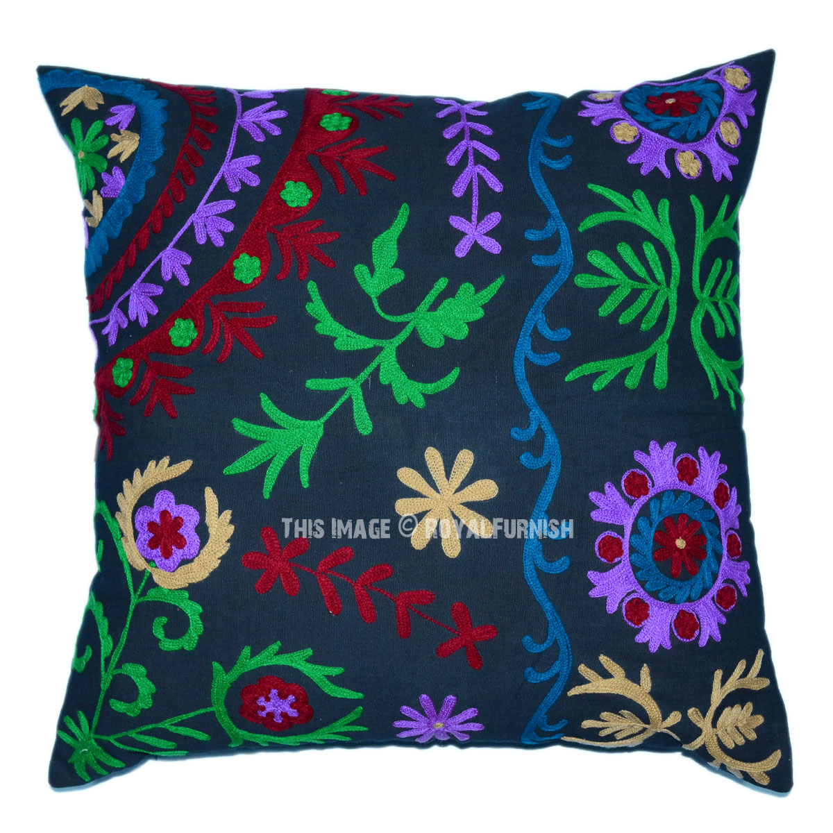 Black 24x24 Suzani Embroidered Throw Pillow Cover - RoyalFurnish.com