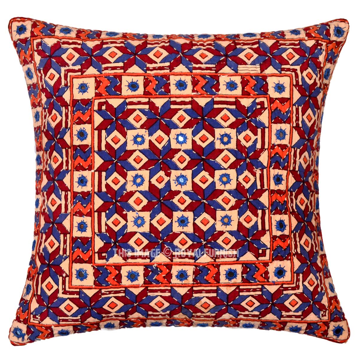 16" x 16" Multicolor Decorative Bohemian Mirrored Indian Throw Pillow