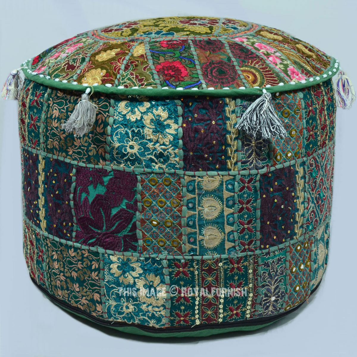22X12" Multicolor Handmade Bohemian Round Indian Pouf Ottoman