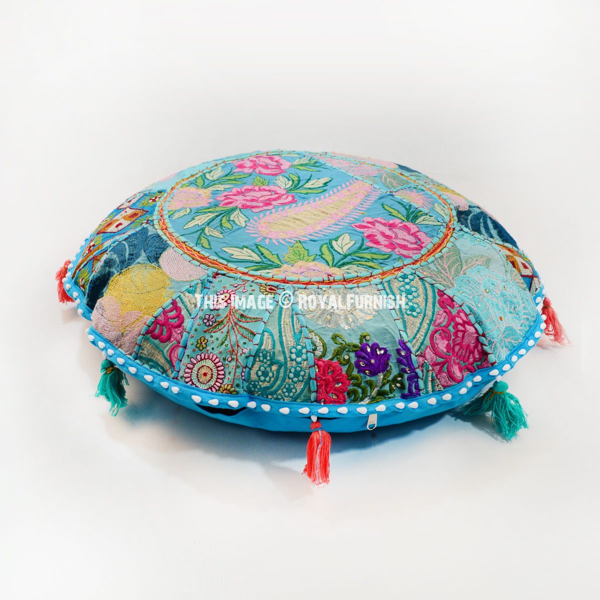Turquoise Round Floor Pillow Cushion Round  Bohemian Patchwork Pillow Cover 