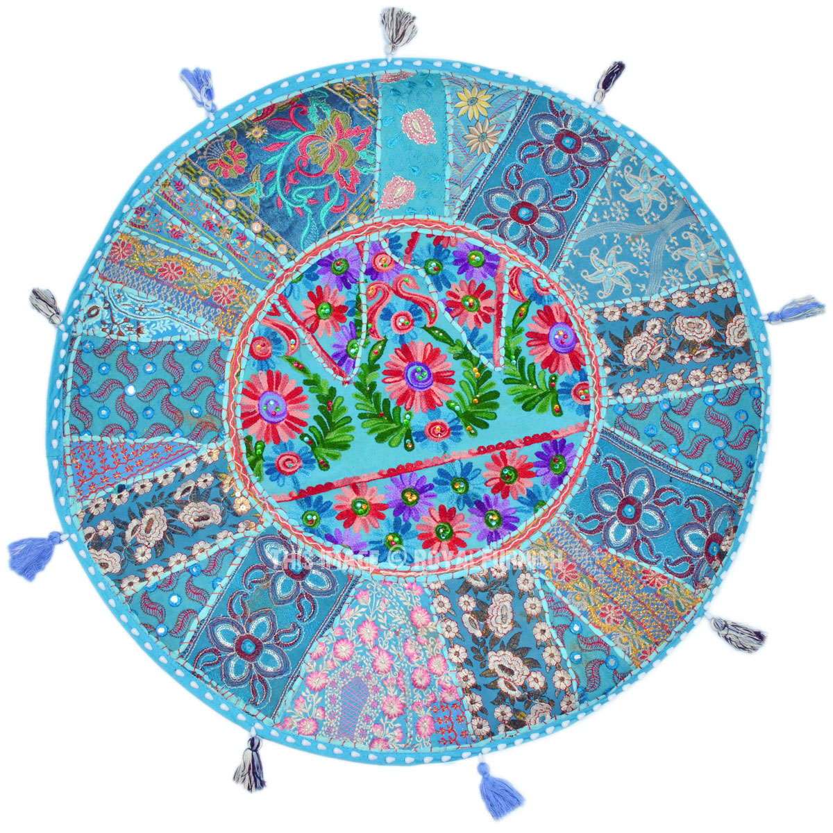 Turquoise Blue Big 71 Cm. Vintage Multi Patchwork Round Floor Pillow Cover - RoyalFurnish.com