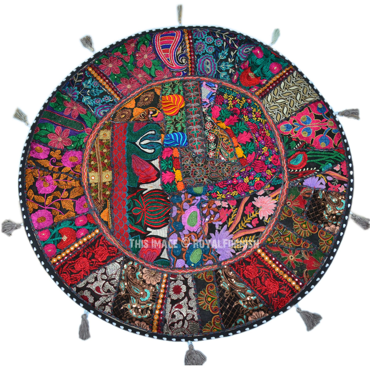 Multi Giant Black Recycled Patchwork Bohemian Floor Pillow Case - RoyalFurnish.com