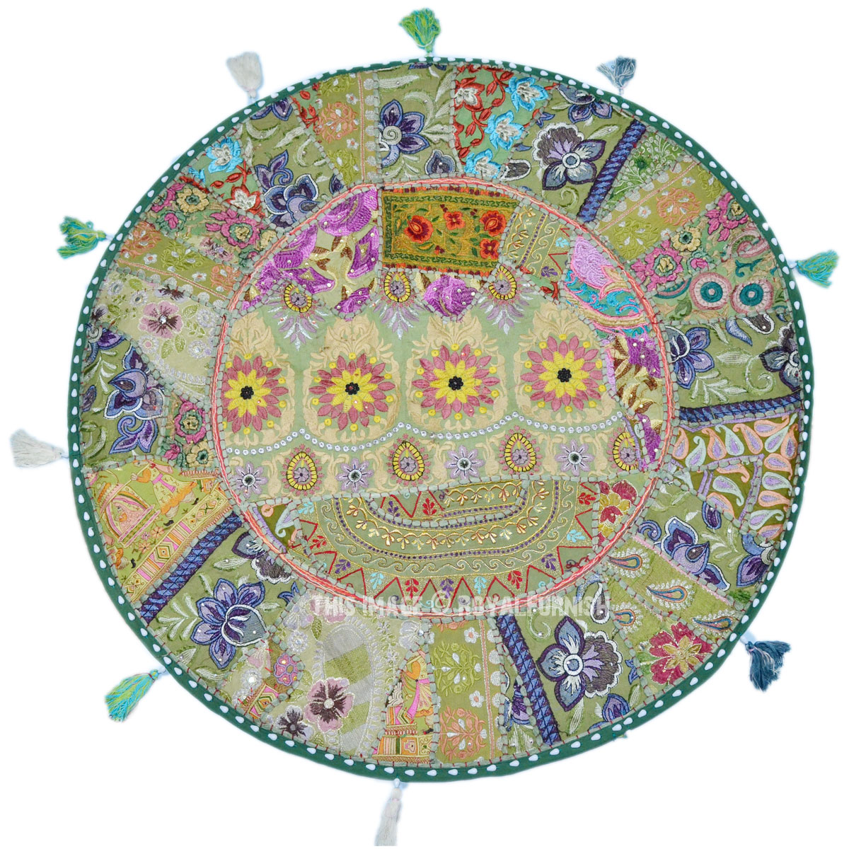Extra Large Green Recycled Sari Patchwork Round Floor Pillow Cover - RoyalFurnish.com