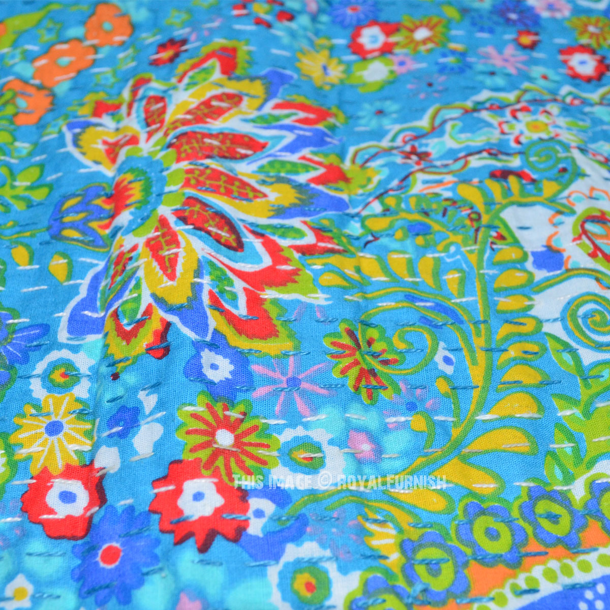 Turquoise Paisley Pattern Kantha Quilted Throw Bedding