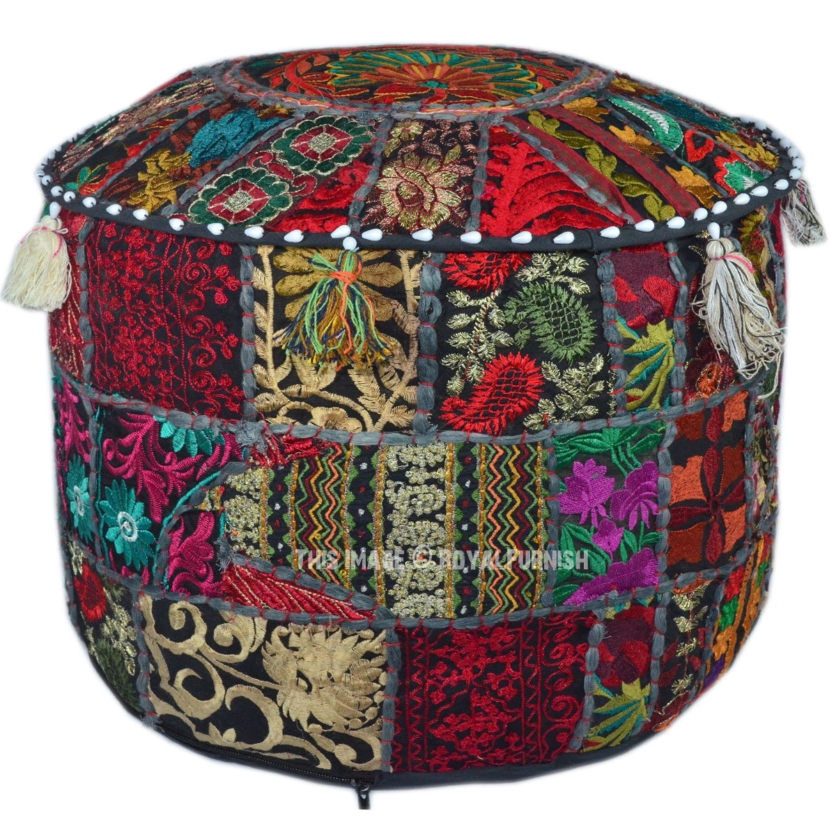 Black Round Indian Traditional Ottoman Seating Pouf Foot Stool