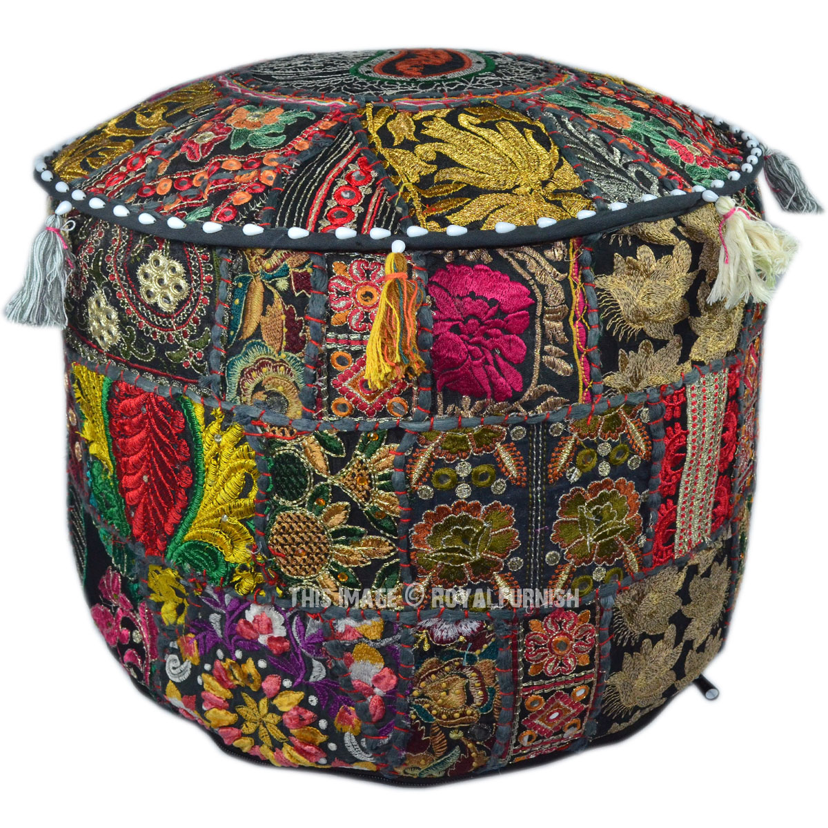 Black Bohemian Patchwork Floor Seating Indian Round Ottoman Pouf