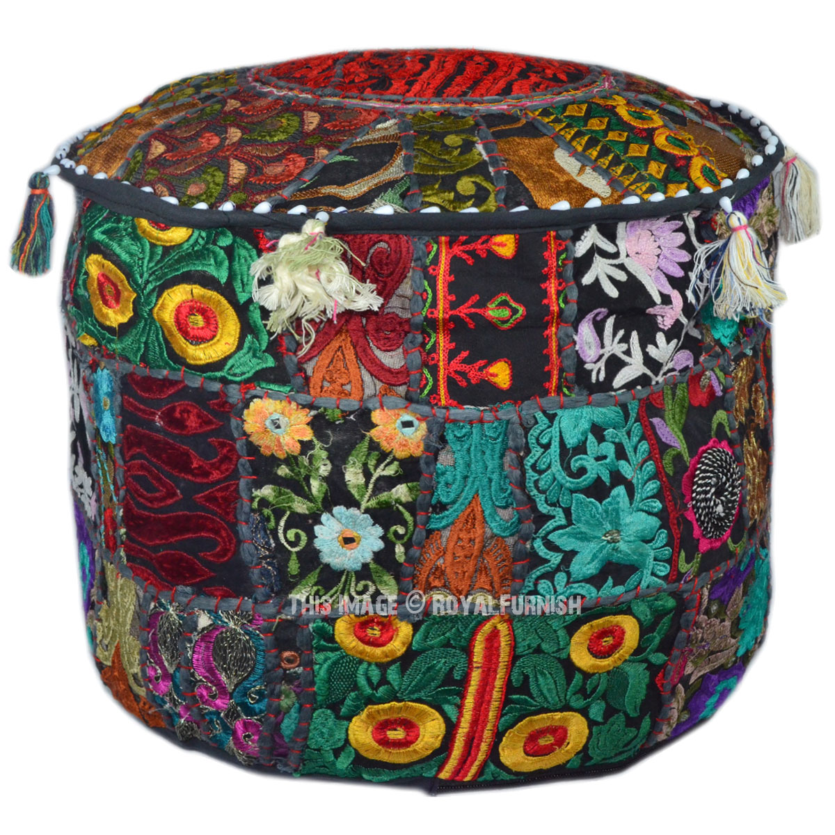 Black Bohemian Vintage Patchwork Round Indian Pouf Ottoman