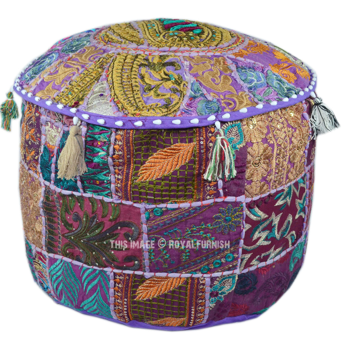 Purple Round Patchwork Embroidered Indian Ottoman Seating Pouf