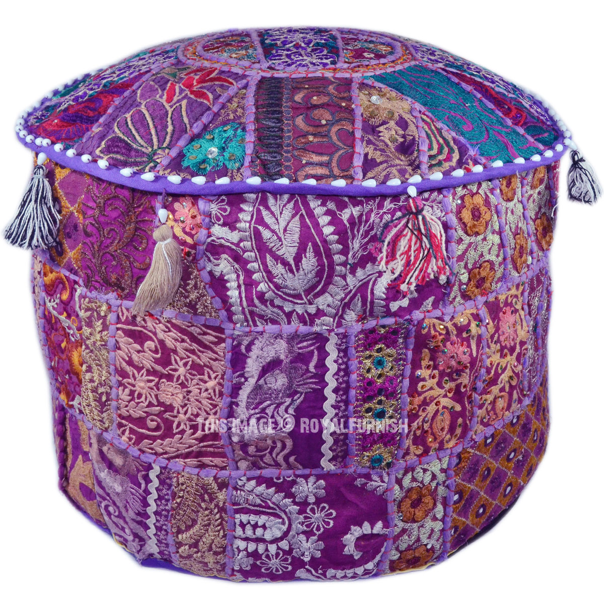 Purple Indian Handmade Round Ottoman Pouf Stool Floor Chair Pouffe - RoyalFurnish.com