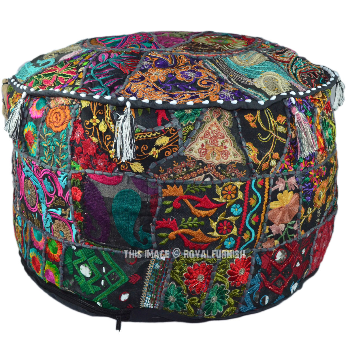 22X12" Black Indian Vintage Handmade Round Floor Pouf Ottoman