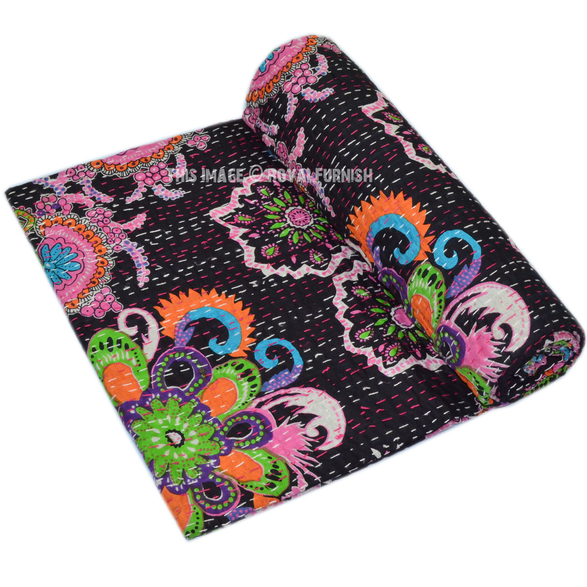 Black Floral Printed Hand Kantha Stitched Quilted Throw