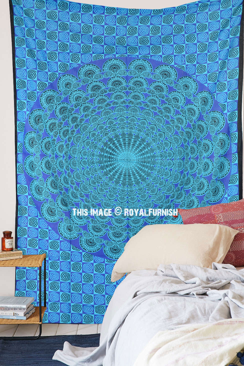 Black & White Bed Cover Peacock Feather Mandala Hippie Tapestry Decor Throw Boho