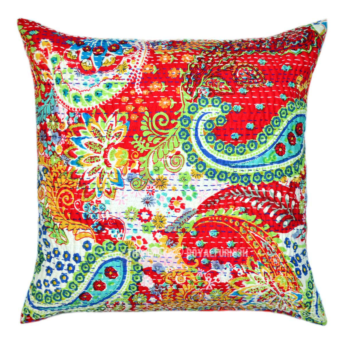 20X20 Red Multi Paisley Kantha Throw Pillow Case - RoyalFurnish.com