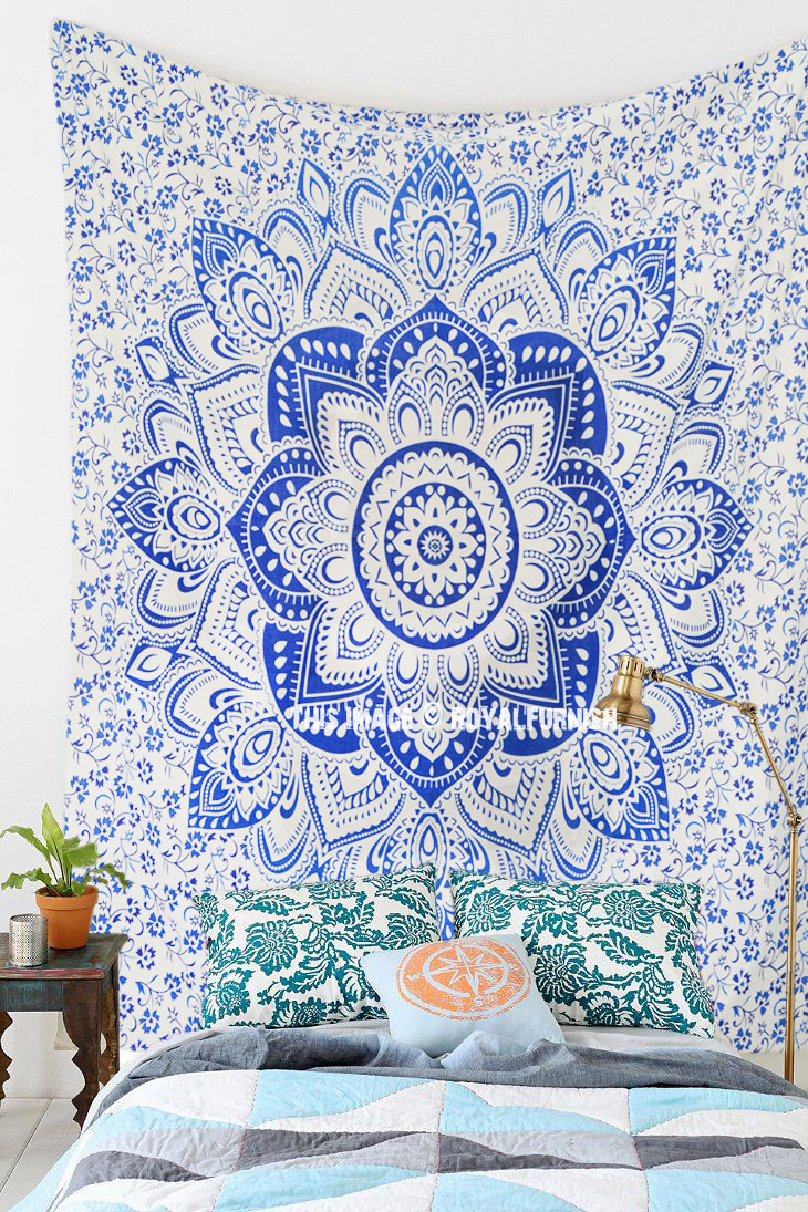 Blue Geometric Flower Circle Mandala Tapestry Indian Bedspread