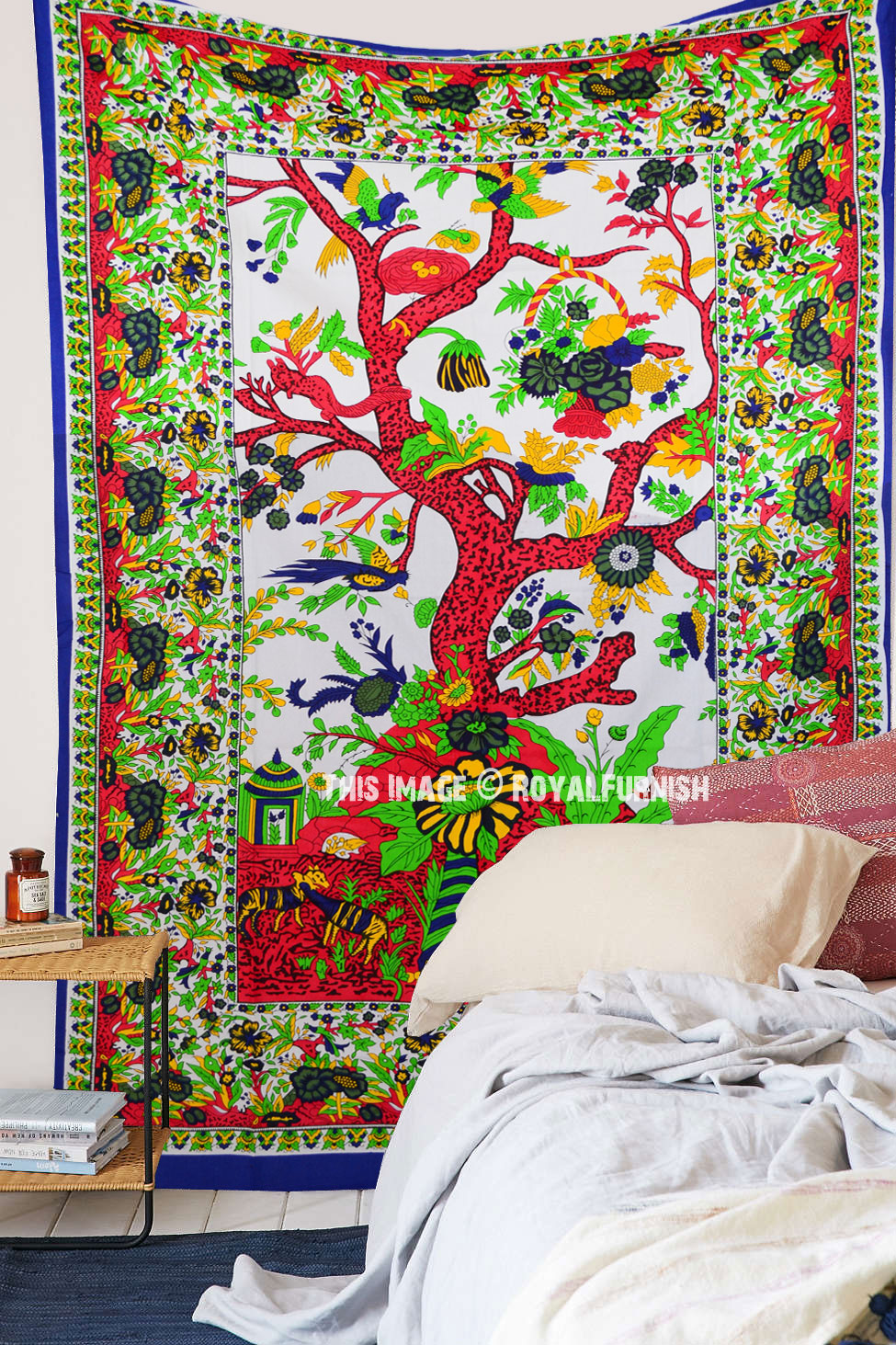 Hippie Twin Tree Elephant Tapestry – Indian Cotton Wall Hanging Bedspread, 54x78 Inch, Boho Dorm Throw