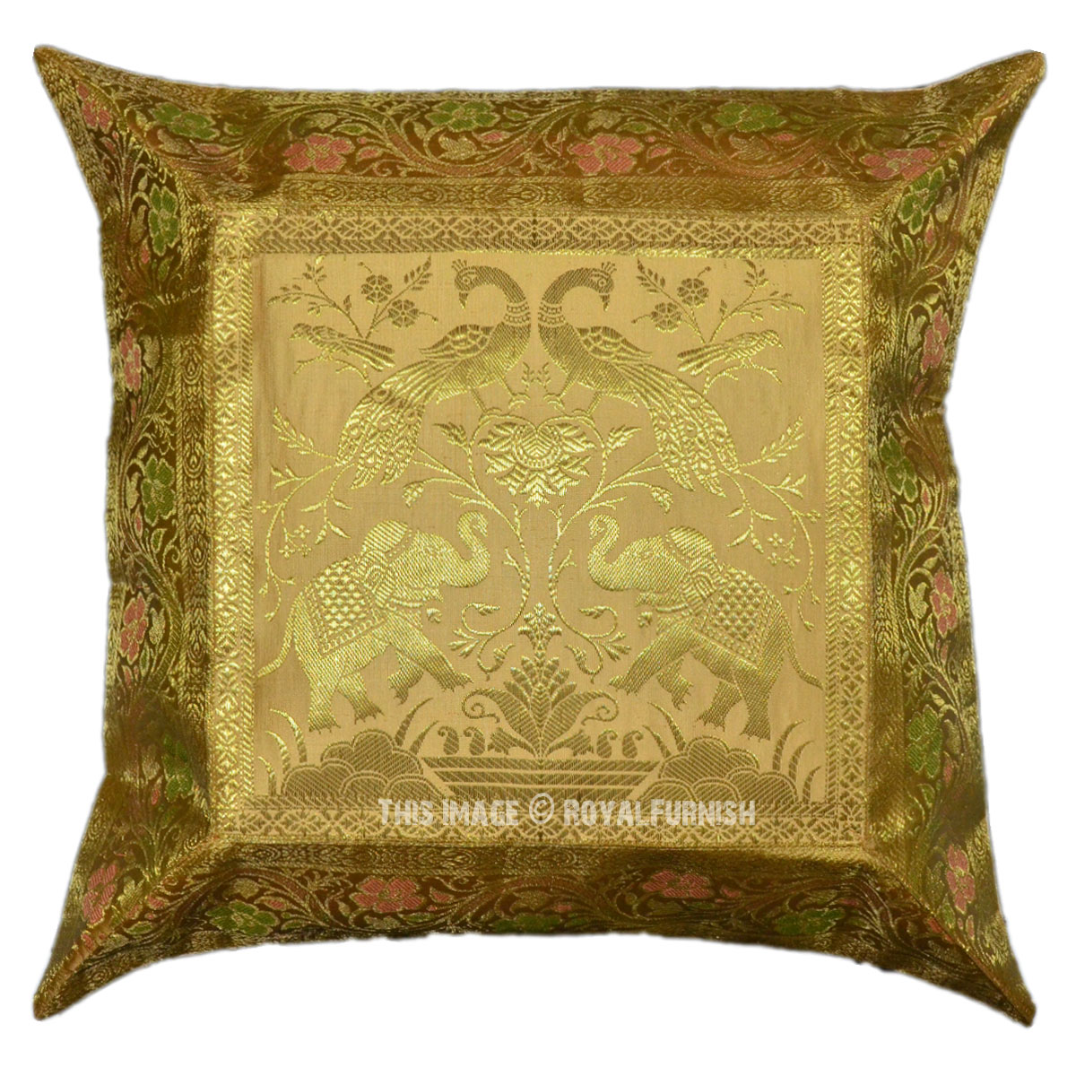 16" Gold Color Elephant & Peacock Silk Brocade Throw Pillow Cover