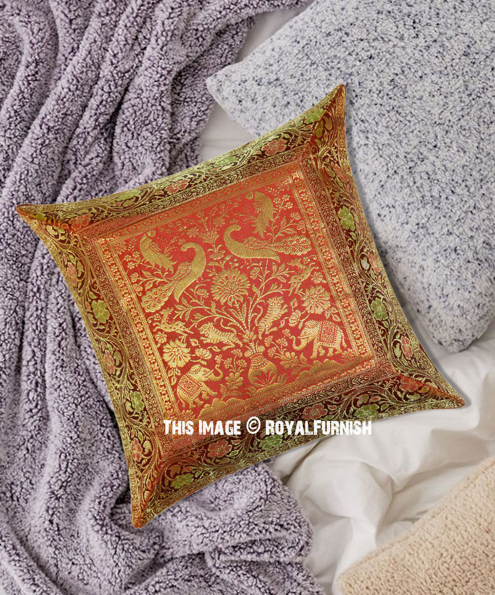 Maroon Polydupion Brocade Pillow Cases Sofa Cushion Covers Throw Home Room Decor 