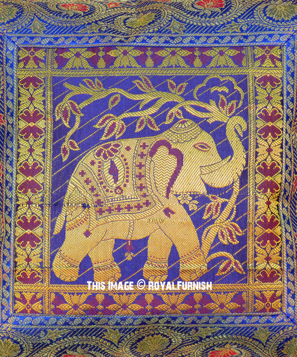 16" Blue Elephant & Tree Design Silk Brocade Throw Pillow Case