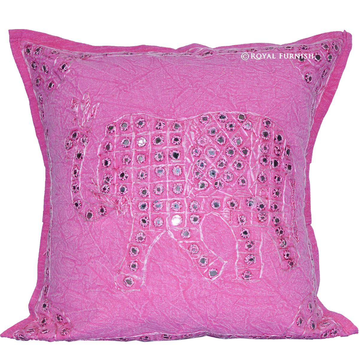 Pink Elephant Design Mirror Embroidery Work Decorative Throw Pillow - RoyalFurnish.com