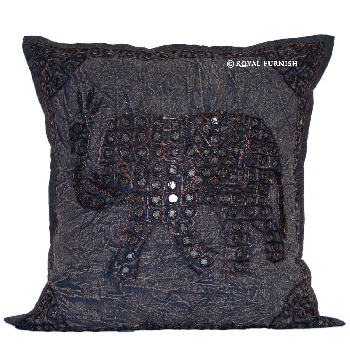 Black Elephant Pattern Mirror Embroidered Cotton Throw Pillow Case - RoyalFurnish.com