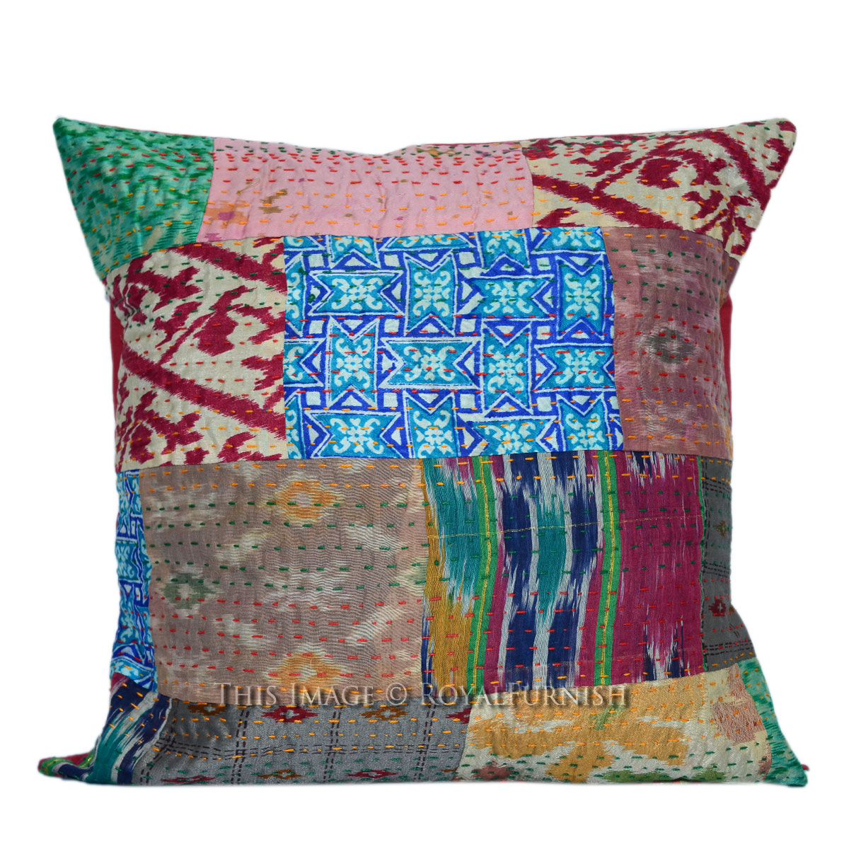 16" India Patchwork Dupioni Silk Kantha Throw Pillow Cover