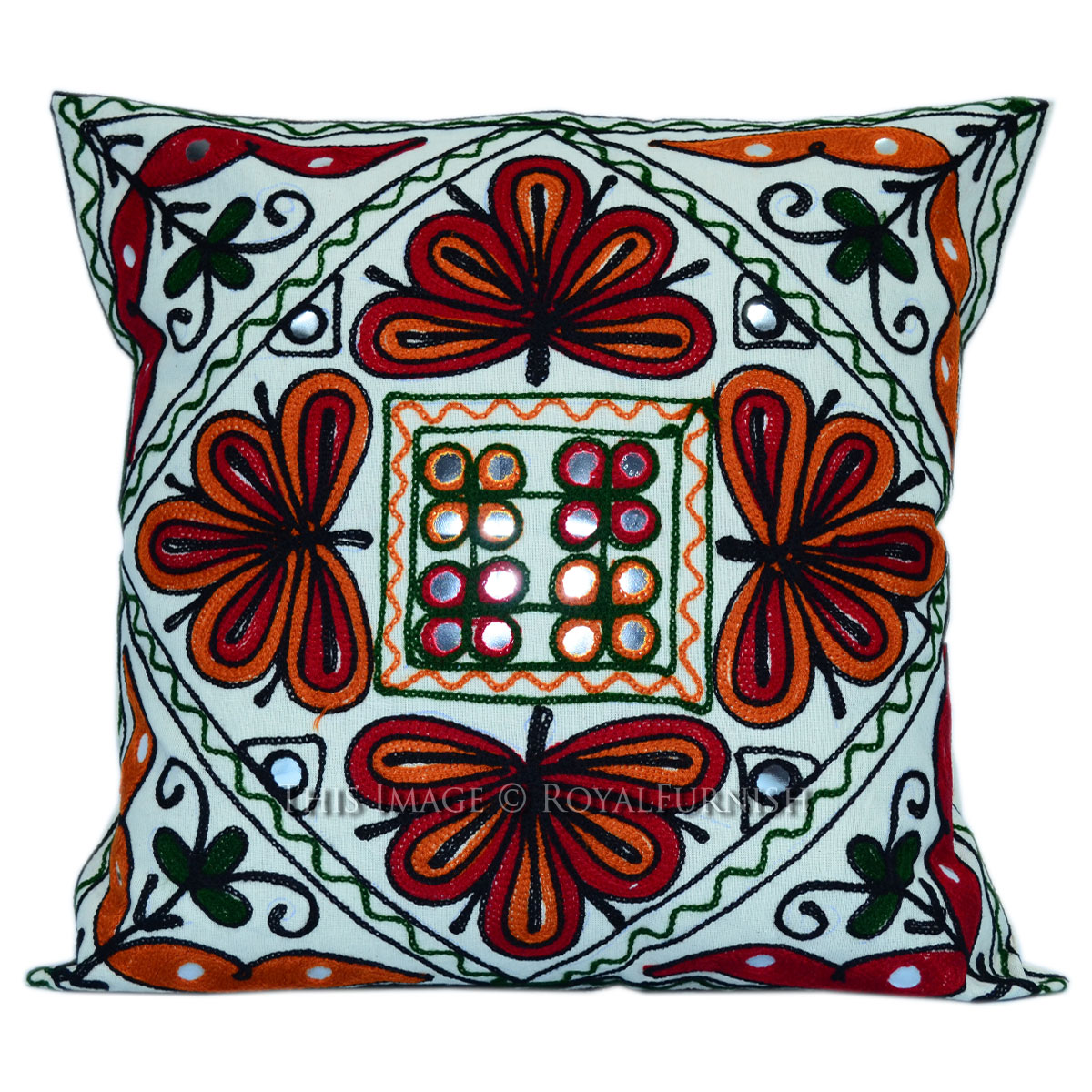 16" White Embroidered Decorative Accent Outdoor Custom Throw Pillow