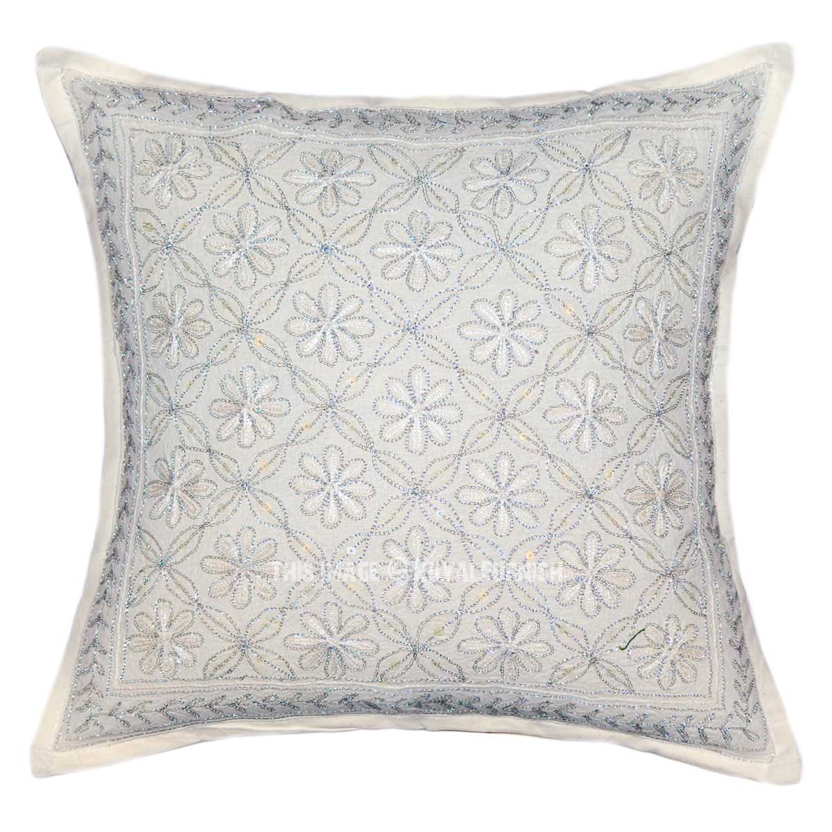 16X16 White Hand Embroidered Unique Square Throw Pillow Cover - RoyalFurnish.com