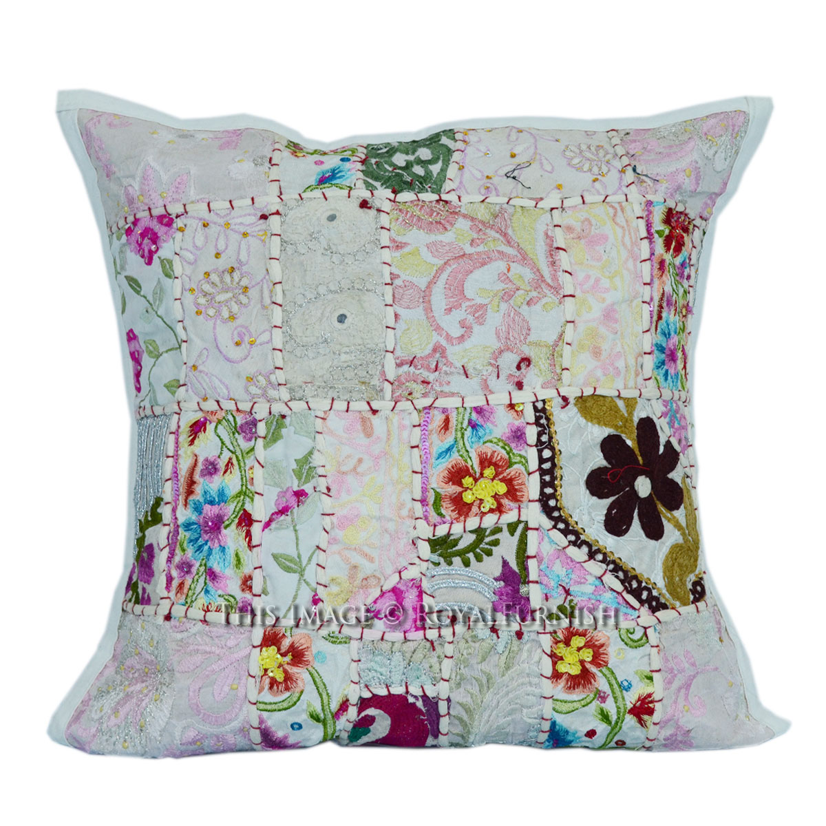 40x40 cm. Decorative White Sari Patchwork Throw Pillow Sham - RoyalFurnish.com