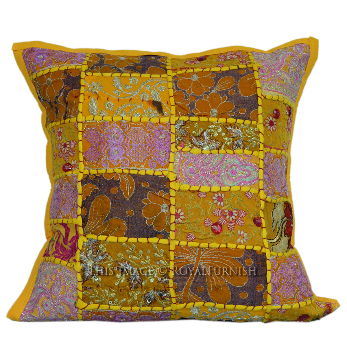 Yellow India Vintage Patch Pattern Cotton Toss Pillow Cover