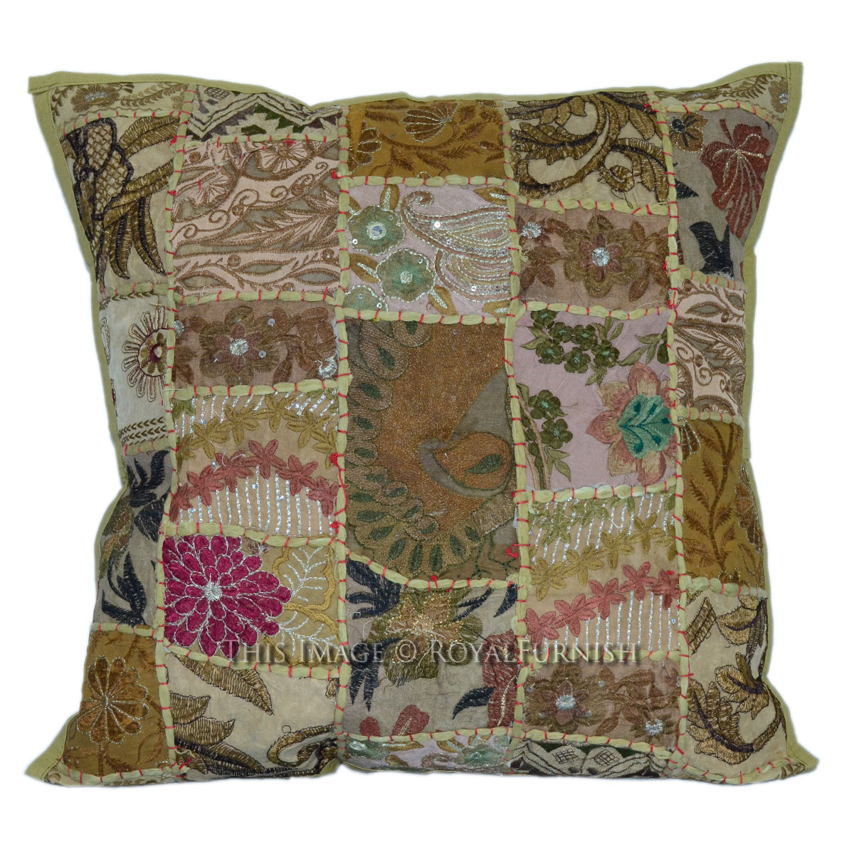 20x20 Green India Patchwork Embroidered Cotton Throw Pillow Case