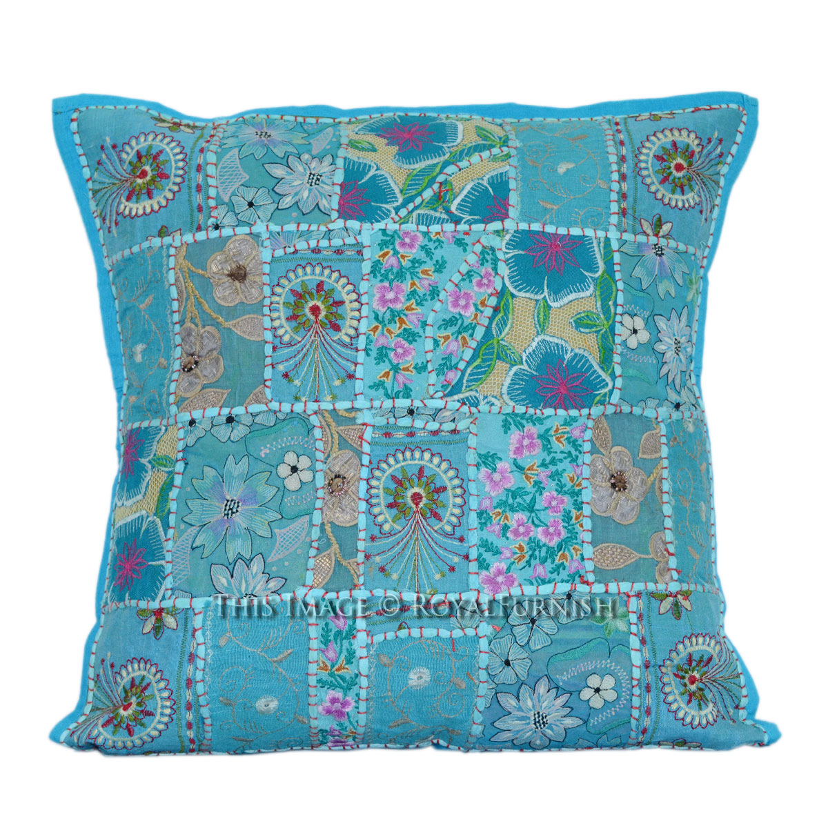 20 Inch Blue Square Box Patchwork Embroidery Pattern Toss Pillow Cover - RoyalFurnish.com