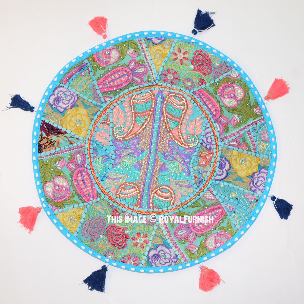 Turquoise Patchwork Embroidery Pattern Decorative Floor Pillow