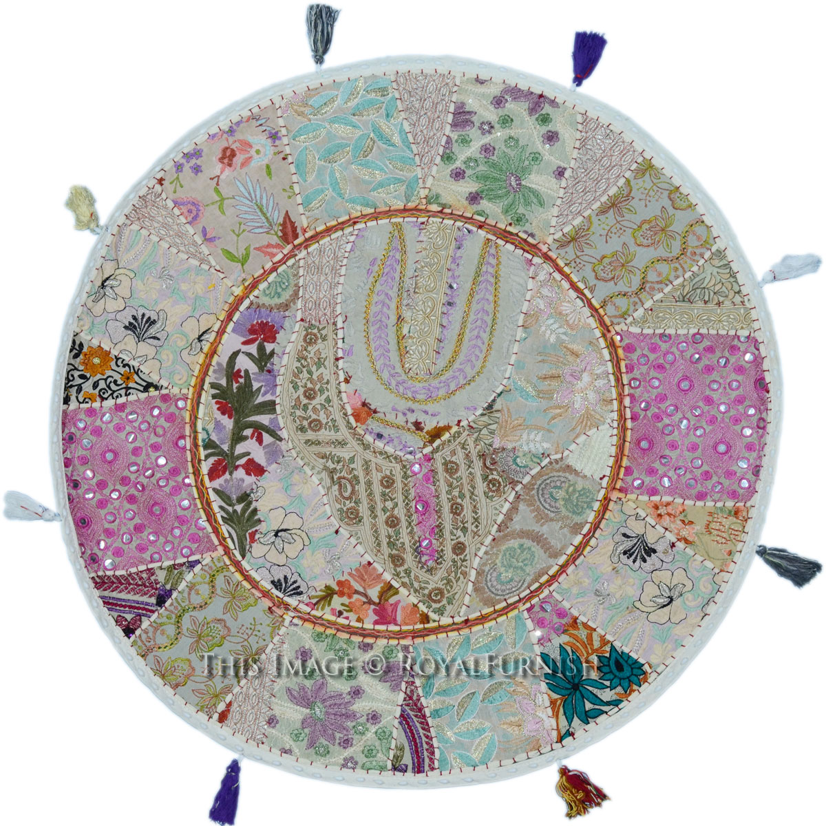28 Inch Giant White Vintage Round Patchwork Floor Cushion Cover - RoyalFurnish.com