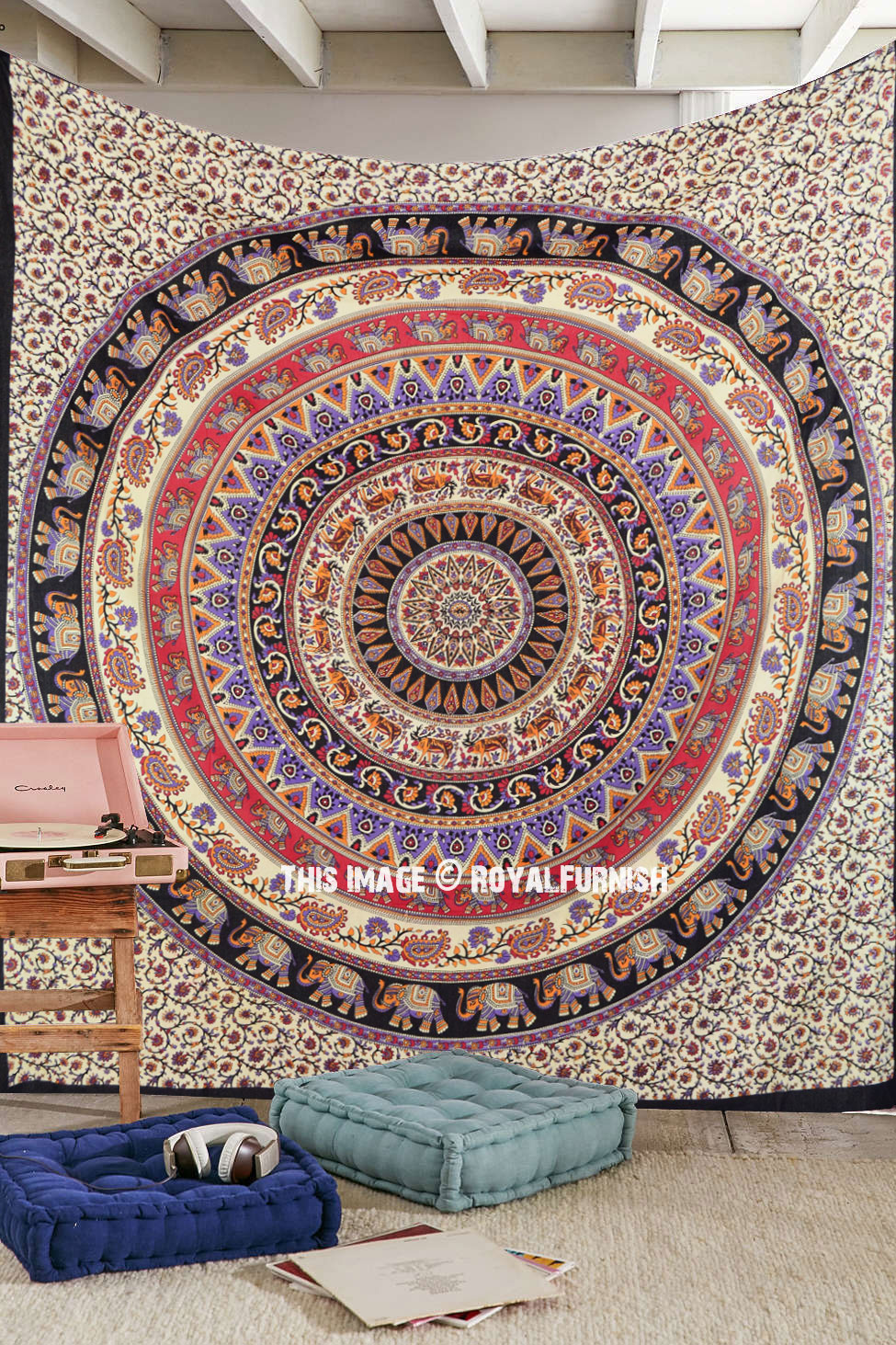 Large Purple & Orange Bohemian Mandala Wall Tapestry, Boho Throw