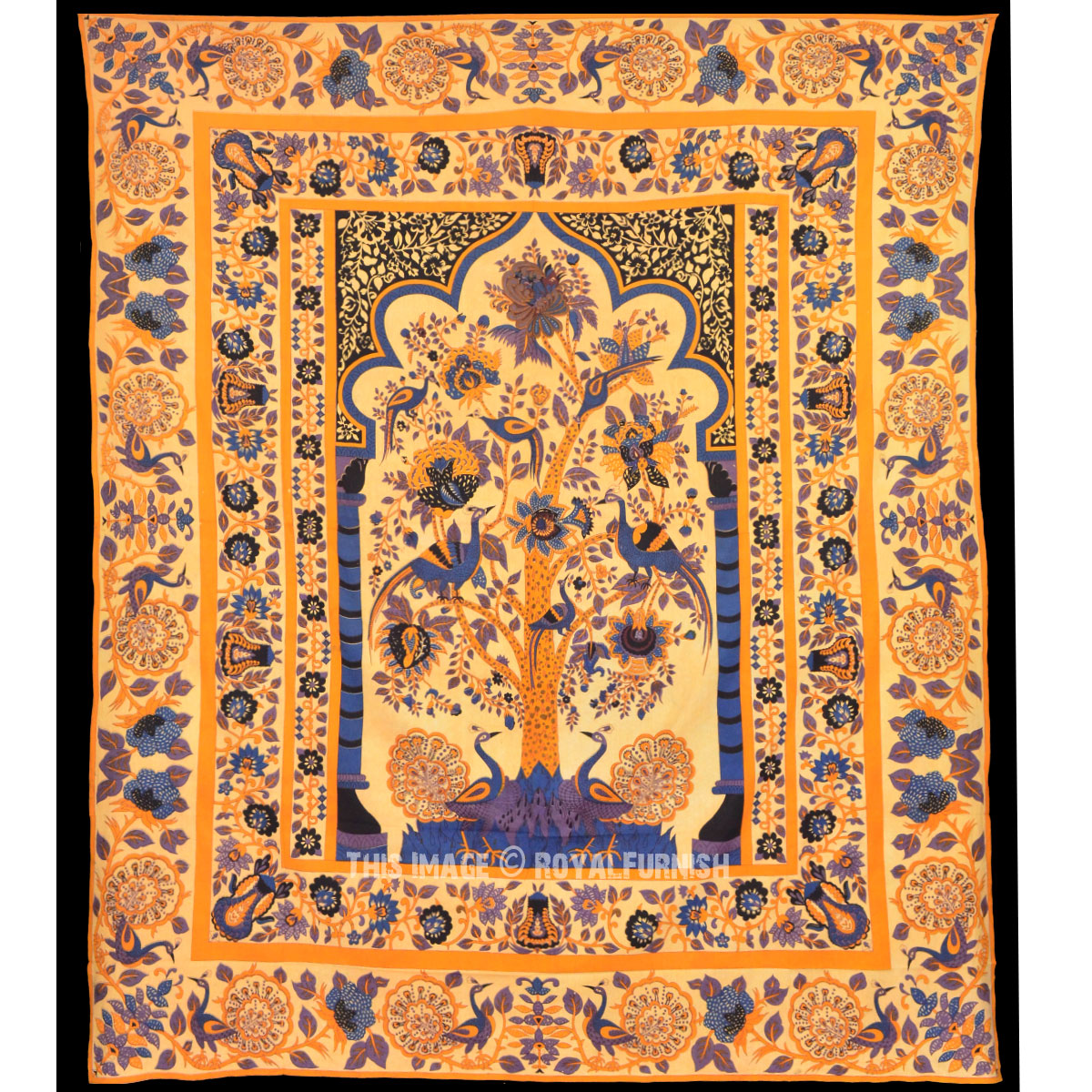 Large Yellow Temple Tree of Life Wall Tapestry, Hippie Indian Bedding