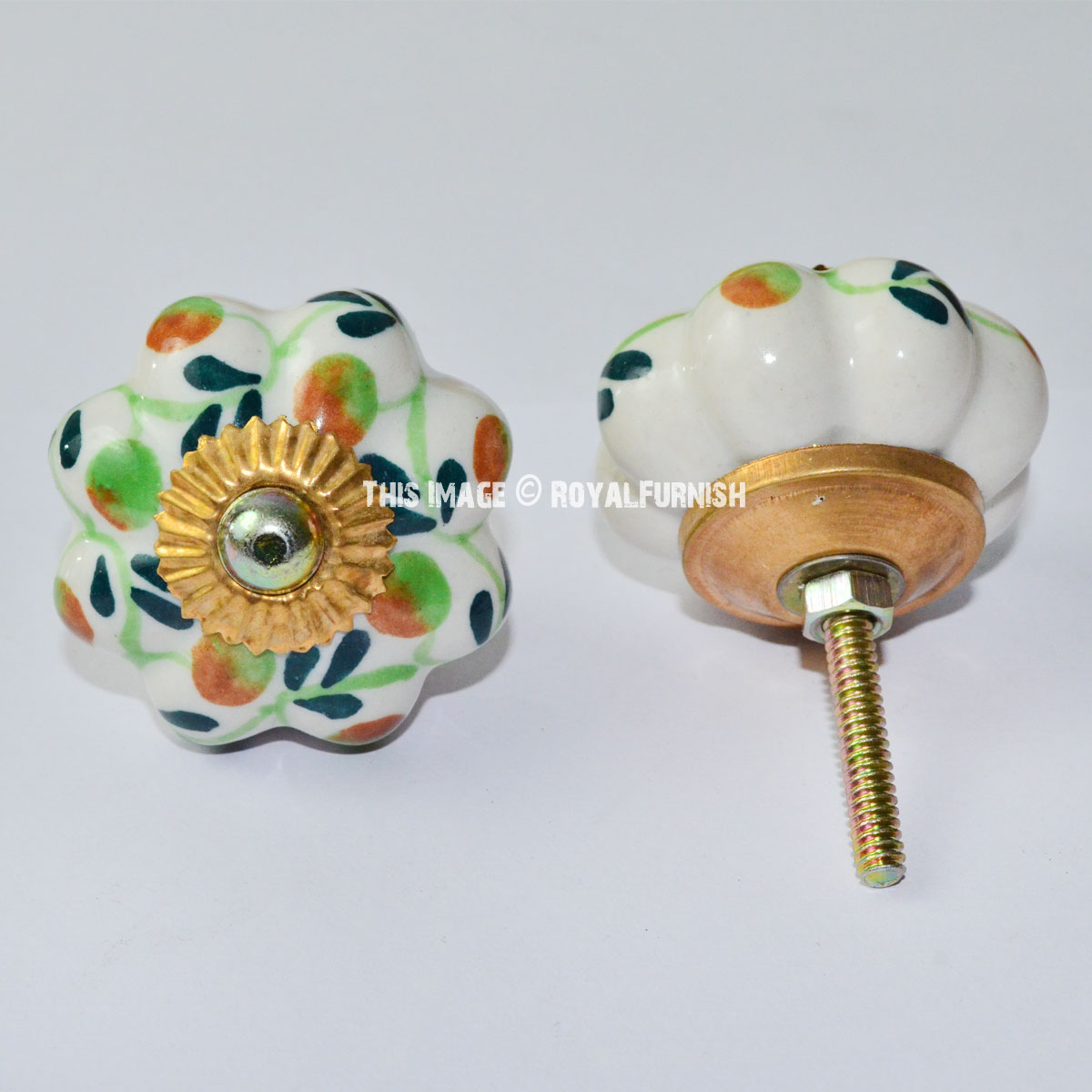 Vintage Hand Painted Floral Design Ceramic Door Knobs, Set of 2