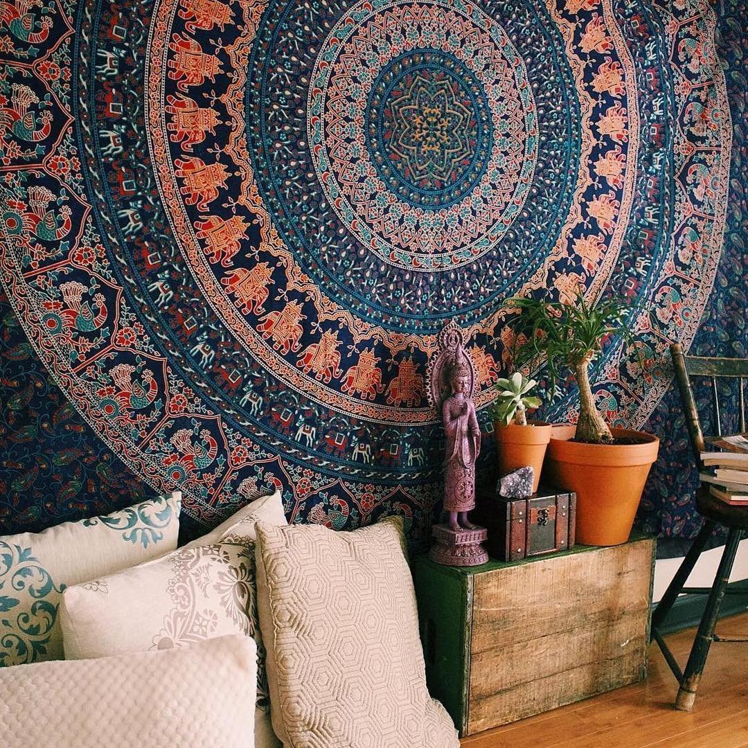 Indian Blue Mandala Wall hanging Queen Boho Curtain Psychedelic Hippie Tapestry 