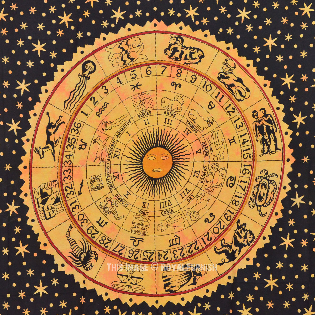 Large Yellow Zodiac Tapestry, Queen Horoscope Astrology Wall Hanging