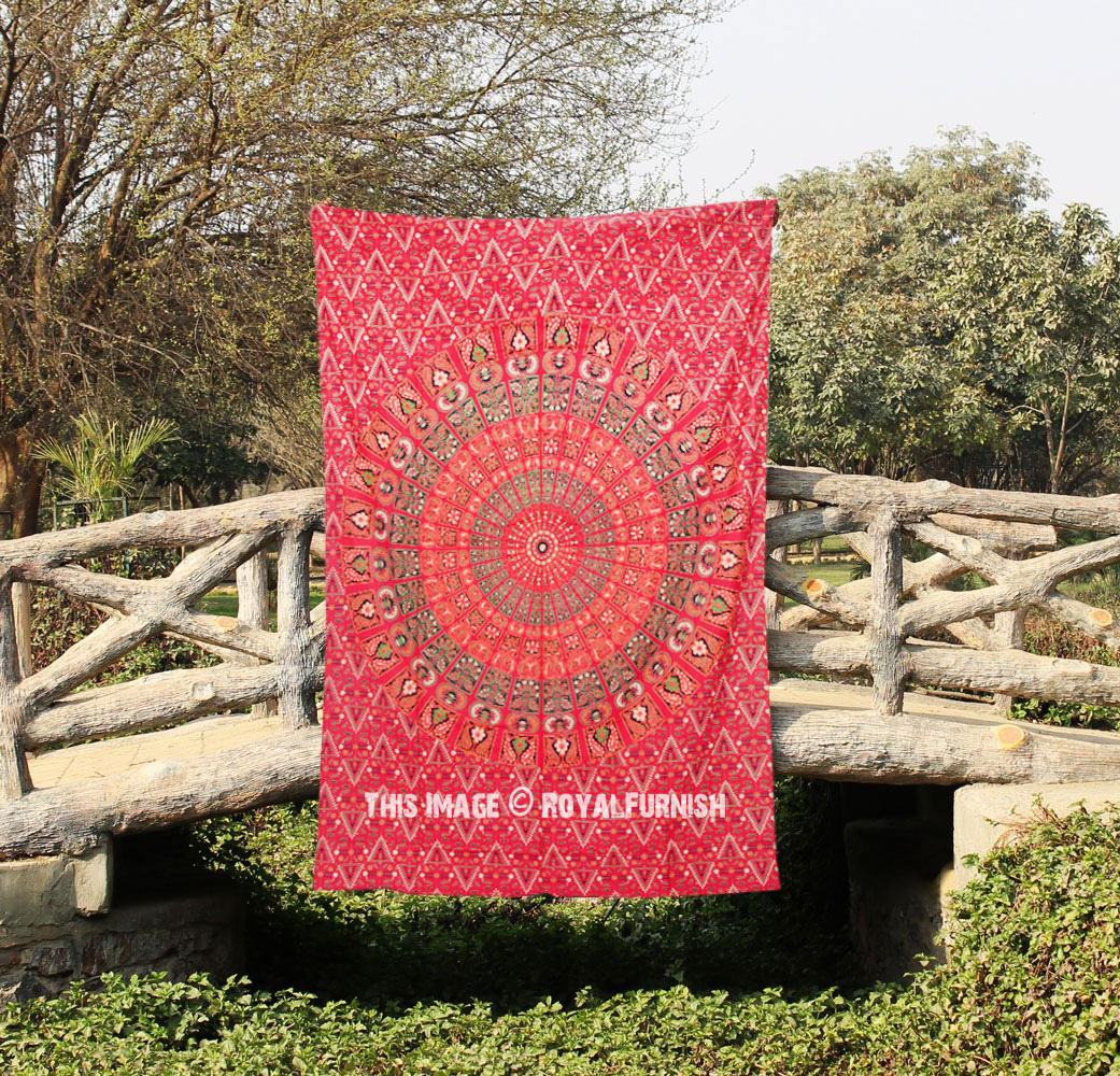 Twin Size Red Boho Mandala Circle Wall Tapestry Throw Bedding Sheet